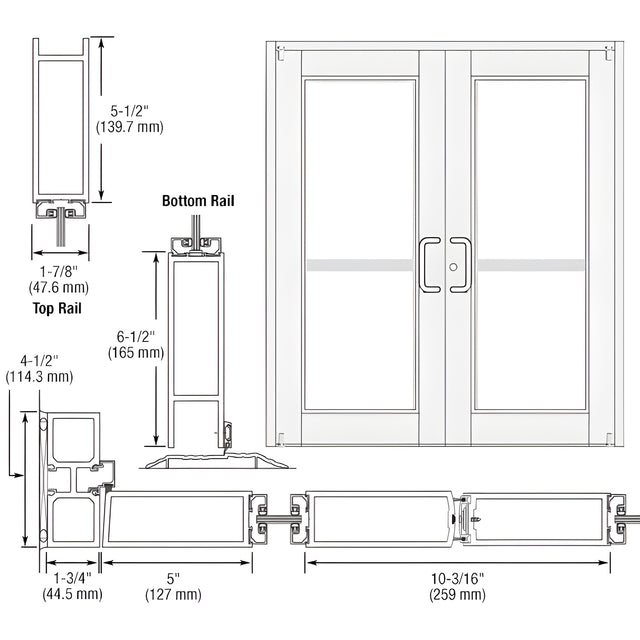 CRL-U.S. Aluminum White KYNAR® Paint Custom Pair Series 850 Durafront Wide Stile Offset Pivot Entrance Doors for Panics and Surface Mount Door Closers
