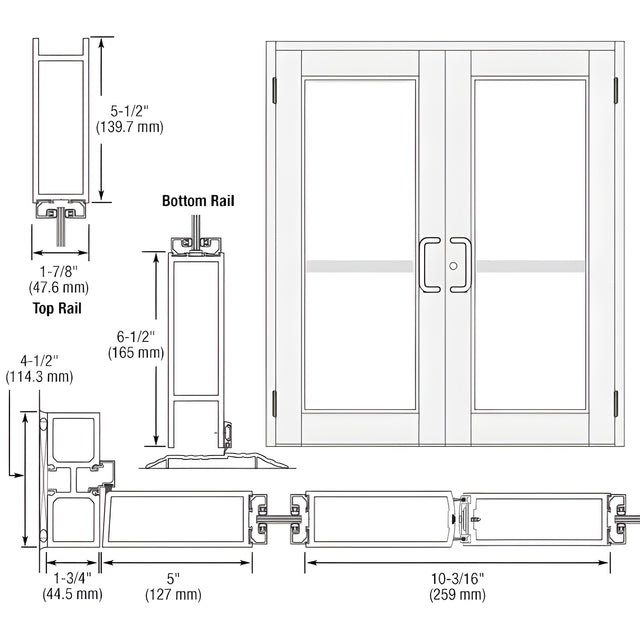 CRL-U.S. Aluminum White KYNAR® Paint Custom Pair Series 850 Durafront Wide Stile Butt Hinge Entrance Doors for Panics and Surface Mount Door Closers