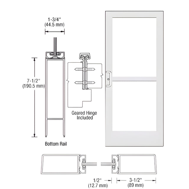 CRL-U.S. Aluminum White KYNAR® Paint Custom Single Door Series 400 Medium Stile Offset Hung Geared Hinge With Panic for Surface Mount Door Closer