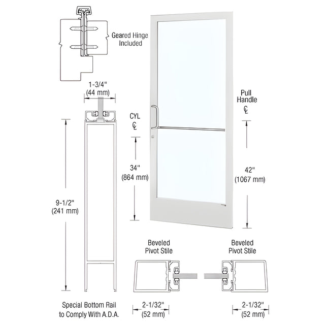 CRL-U.S. Aluminum White KYNAR® Paint Custom Single Series 250 Narrow Stile Geared Hinge Entrance Door for Surface Mount Door Closer