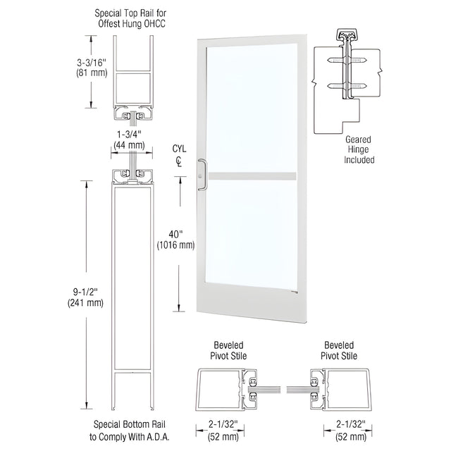 CRL-U.S. Aluminum White KYNAR® Paint Custom Single Series 250 Narrow Stile Geared Hinge Entrance Door With Panic for Overhead Concealed Door Closer