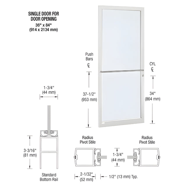 CRL-U.S. Aluminum White KYNAR® Paint Custom Single Series 250 Narrow Stile Center Pivot Entrance Door for Overhead Concealed Door Closer