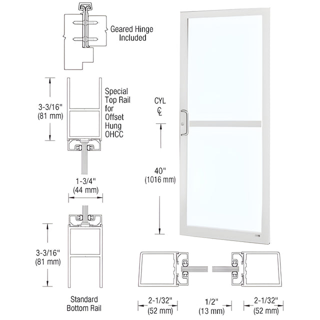 CRL-U.S. Aluminum White KYNAR® Paint Custom Single Series 250 Narrow Stile Geared Hinge Entrance Door With Panic for Overhead Concealed Door Closer