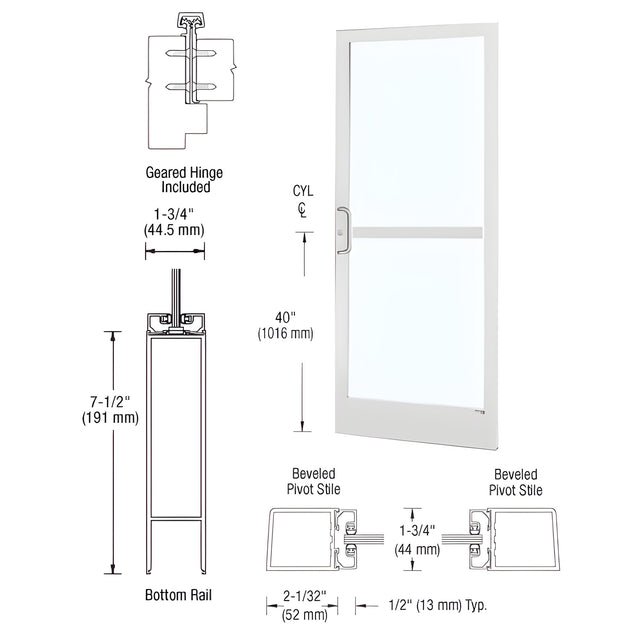 CRL-U.S. Aluminum White KYNAR® Paint Custom Single Series 250 Narrow Stile Geared Hinge Entrance Door With Panic for Surface Mount Door Closer
