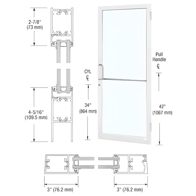 CRL-U.S. Aluminum White KYNAR® Paint Custom Single Series 250T Narrow Stile Butt Hinge Thermal Entrance Door for Surface Mount Door Closer
