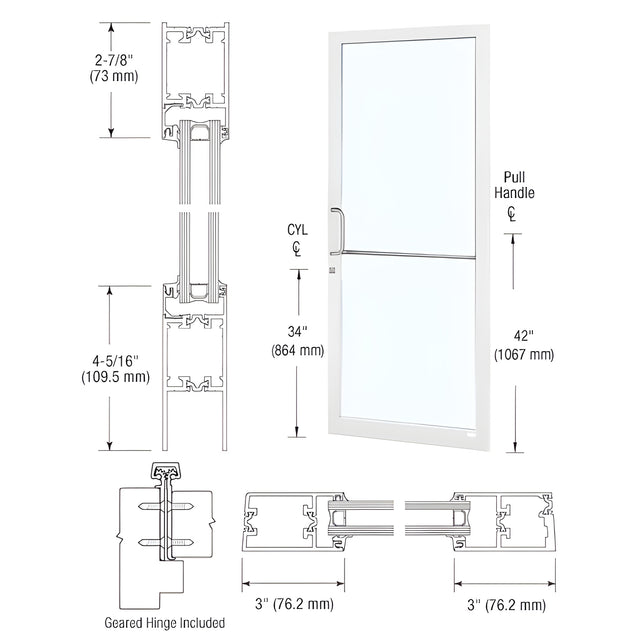 CRL-U.S. Aluminum White KYNAR® Paint Custom Single Series 250T Narrow Stile Geared Hinge Thermal Entrance Door for Surface Mount Door Closer