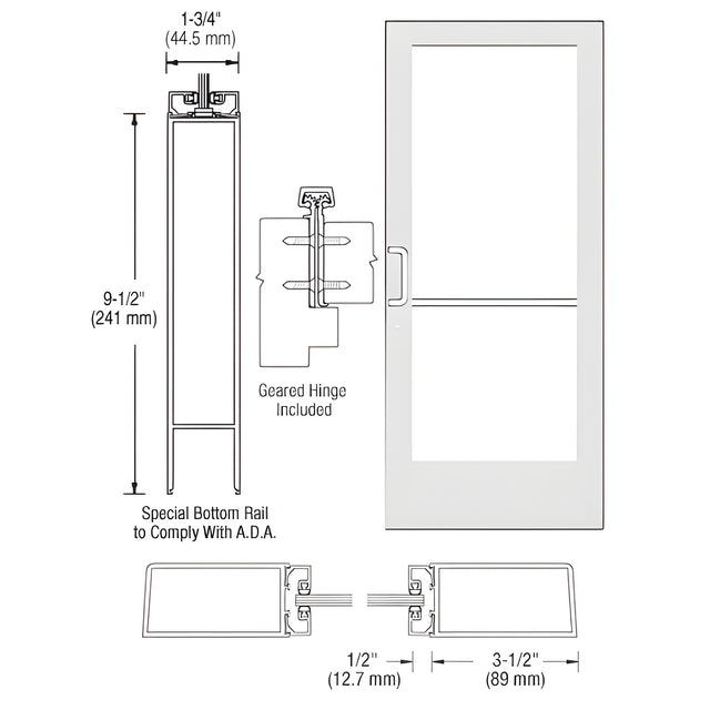 CRL-U.S. Aluminum White KYNAR® Paint Custom Single Series 400 Medium Stile Geared Hinge Entrance Door for Surface Mount Door Closer