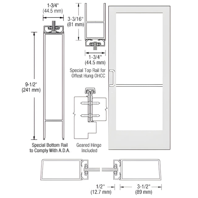 CRL-U.S. Aluminum White KYNAR® Paint Custom Single Series 400 Medium Stile Geared Hinge Entrance Door for Overhead Concealed Door Closer