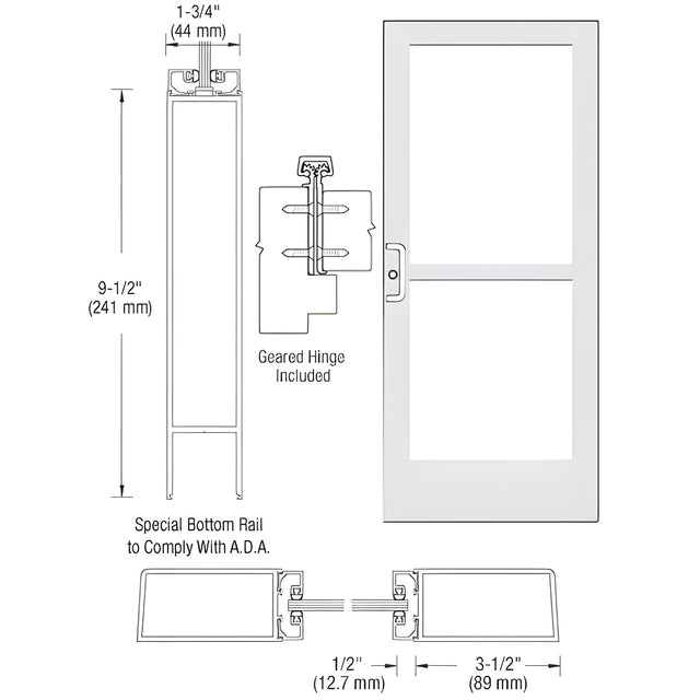 CRL-U.S. Aluminum White KYNAR® Paint Custom Single Series 400 Medium Stile Geared Hinge Entrance Door With Rim Device for Surface Mount Door Closer