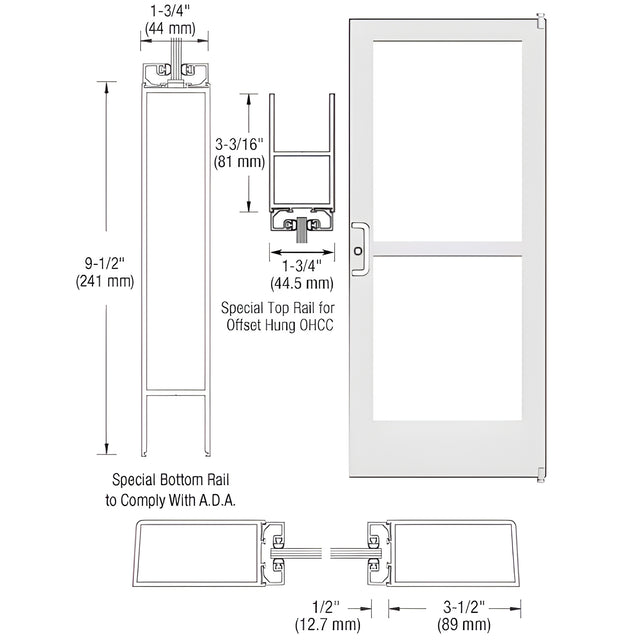 CRL-U.S. Aluminum White KYNAR® Paint Custom Single Series 400 Medium Stile Offset Pivot Entrance Door With Panic for Overhead Concealed Door Closer