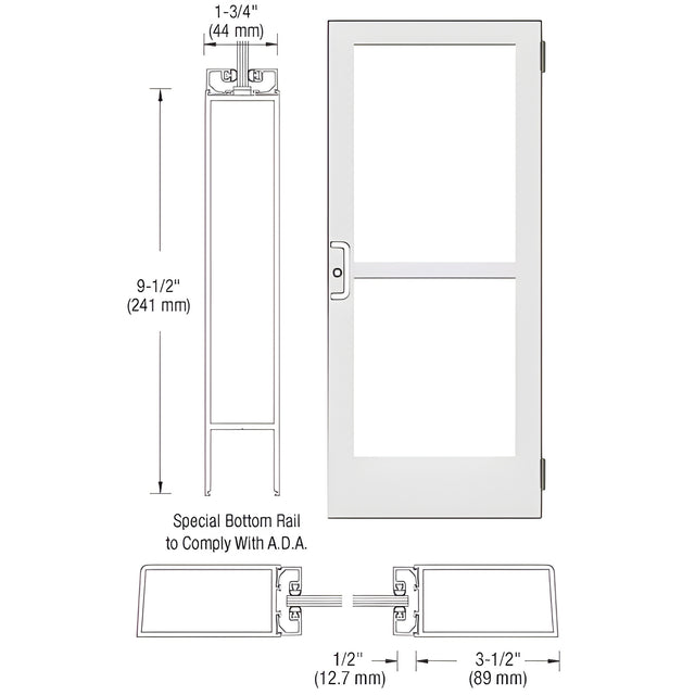 CRL-U.S. Aluminum White KYNAR® Paint Custom Single Series 400 Medium Stile Butt Hinged Entrance Door for Surface Mount Door Closer