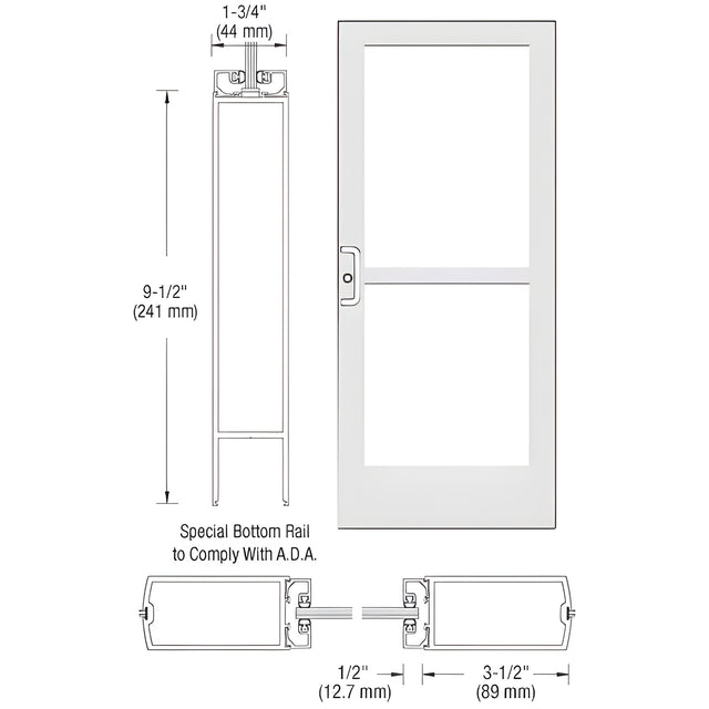 CRL-U.S. Aluminum White KYNAR® Paint Custom Single Series 400 Medium Stile Center Pivot Entrance Door With Panic for Overhead Concealed Door Closer