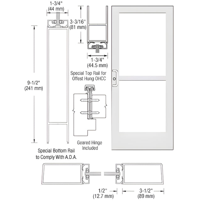 CRL-U.S. Aluminum White KYNAR® Paint Custom Single Series 400 Medium Stile Geared Hinge Entrance Door With Panic for Overhead Concealed Door Closer