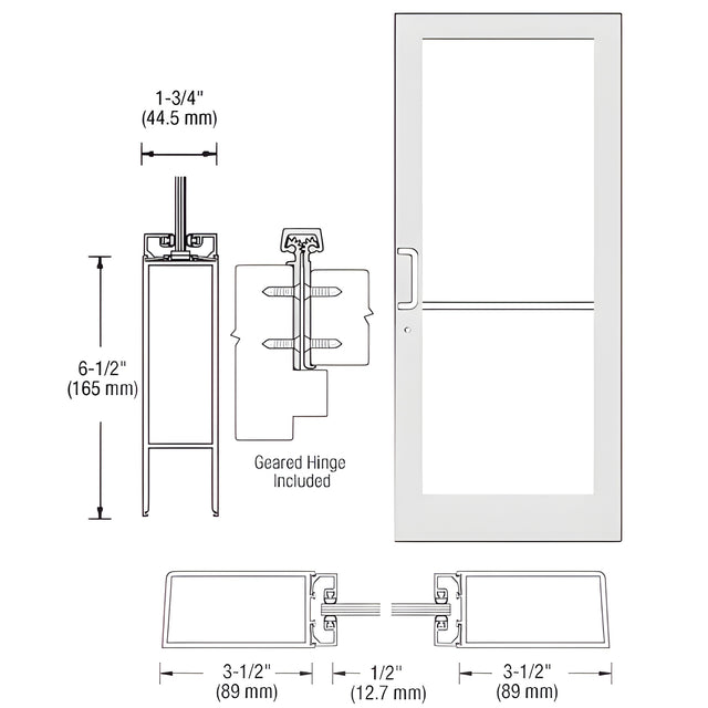 CRL-U.S. Aluminum White KYNAR® Paint Custom Single Series 400 Medium Stile Geared Hinge Entrance Door for Surface Mount Door Closer