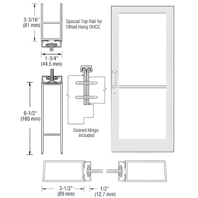 CRL-U.S. Aluminum White KYNAR® Paint Custom Single Series 400 Medium Stile Geared Hinge Entrance Door for Overhead Concealed Door Closer