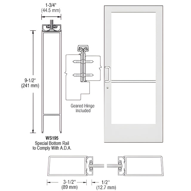 CRL-U.S. Aluminum White KYNAR® Paint Custom Single Series 400 Medium Stile Offset Hung Geared Hinge Entrance Door for Surface Mount Closer