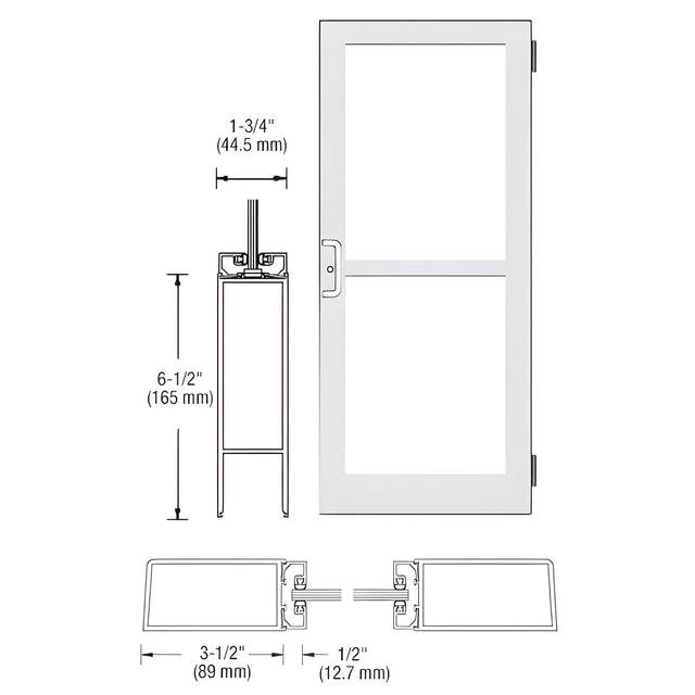 CRL-U.S. Aluminum White KYNAR® Paint Custom Single Series 400 Medium Stile Butt Hinged Entrance Door With Panic for Surface Mount Door Closer