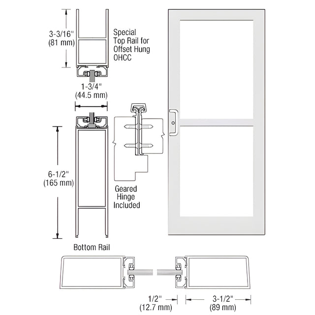 CRL-U.S. Aluminum White KYNAR® Paint Custom Single Series 400 Medium Stile Offset Hung Geared Hinge Entrance Door For Panic and Overhead Concealed Door Closer