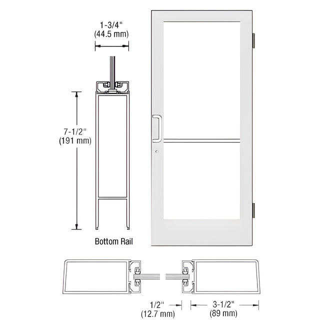 CRL-U.S. Aluminum White KYNAR® Paint Custom Single Series 400 Medium Stile Butt Hinged Entrance Door for Surface Mount Door Closer