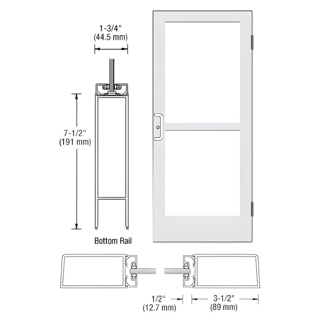 CRL-U.S. Aluminum White KYNAR® Paint Custom Single Series 400 Medium Stile Butt Hinged Entrance Door With Panic for Surface Mount Door Closer
