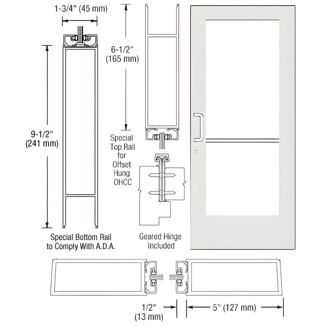 CRL-U.S. Aluminum White KYNAR® Paint Custom Single Series 550 Wide Stile Geared Hinge Entrance Door for Overhead Concealed Door Closer