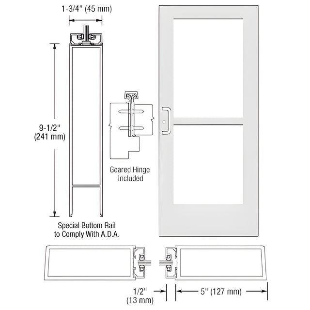 CRL-U.S. Aluminum White KYNAR® Paint Custom Single Series 550 Wide Stile Geared Hinge Entrance Door With Panic for Surface Mount Door Closer