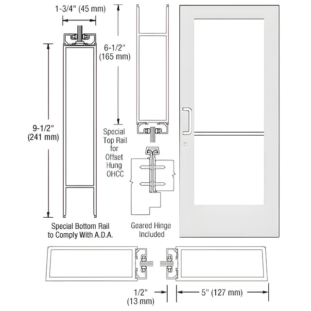 CRL-U.S. Aluminum White KYNAR® Paint Custom Single Series 550 Wide Stile Geared Hinge Entrance Door for Overhead Concealed Door Closers