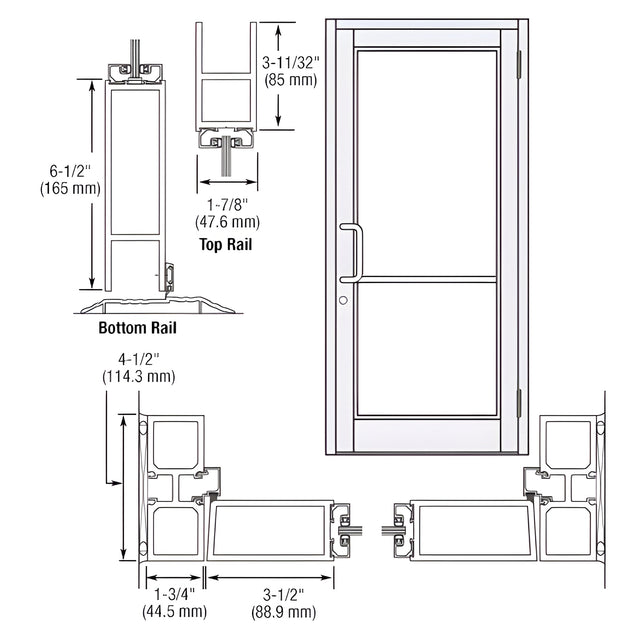 CRL-U.S. Aluminum White KYNAR® Paint Custom Single Series 800 Durafront Medium Stile Butt Hinge Entrance Door for Surface Mount Door Closer