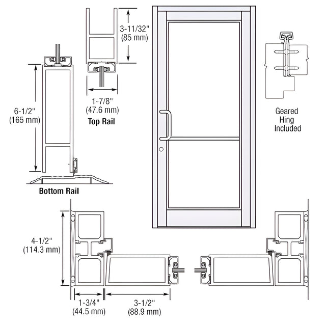 CRL-U.S. Aluminum White KYNAR® Paint Custom Single Series 800 Durafront Medium Stile Geared Hinge Entrance Door for Surface Mount Door Closer