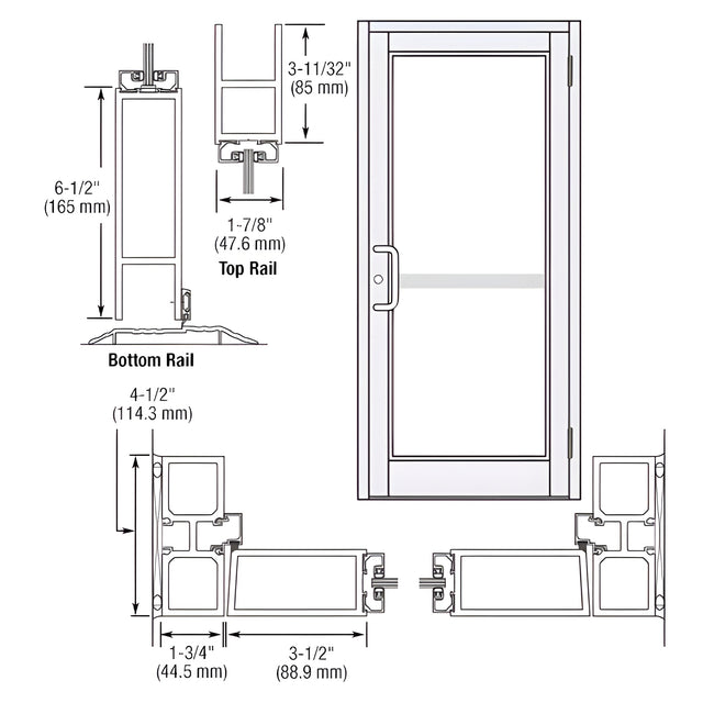 CRL-U.S. Aluminum White KYNAR® Paint Custom Single Series 800 Durafront Medium Stile Butt Hinge Entrance Door for Panic and Surface Mount Door Closer