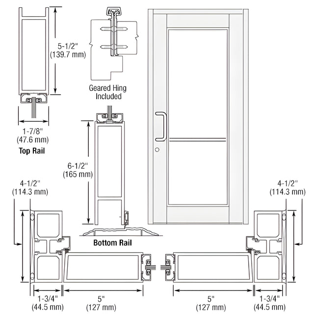 CRL-U.S. Aluminum White KYNAR® Paint Custom Single Series 850 Durafront Wide Stile Geared Hinge Entrance Door for Surface Mount Door Closer