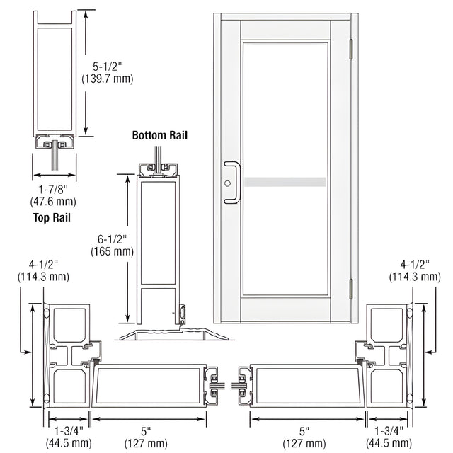 CRL-U.S. Aluminum White KYNAR® Paint Custom Single Series 850 Durafront Wide Stile Butt Hinged Entrance Door For Panic and Surface Mount Door Closer