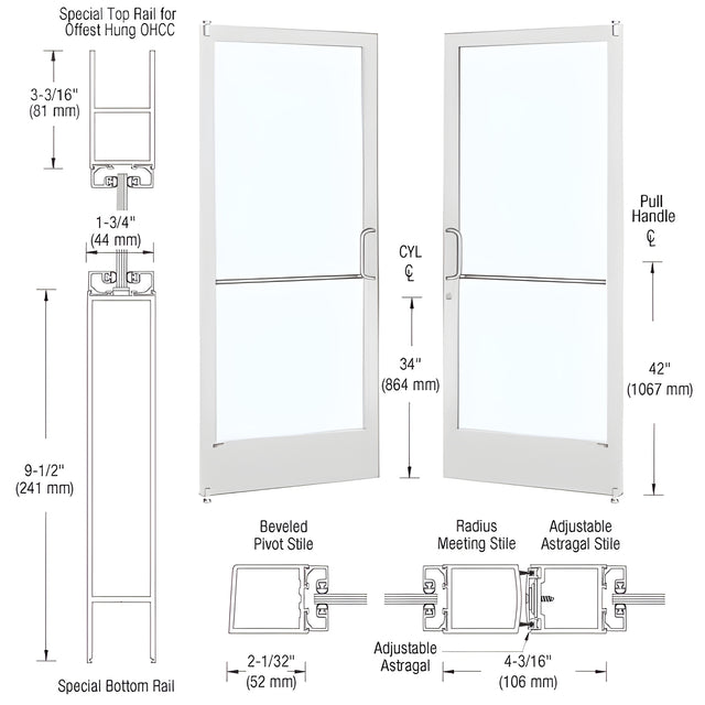 CRL-U.S. Aluminum White KYNAR® Paint Custom Size Pair Series 250 Narrow Stile Offset Pivot Entrance Doors for Overhead Concealed Door Closers