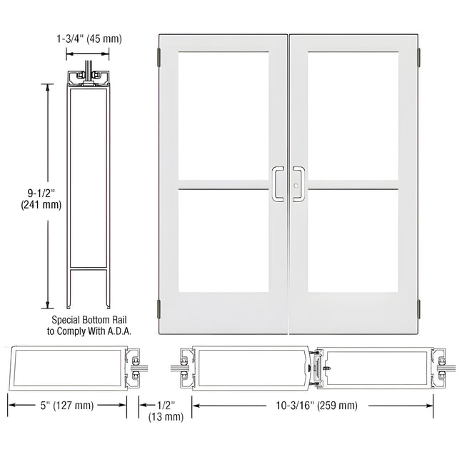 CRL-U.S. Aluminum White KYNAR® Paint Custom Size Pair Series 550 Wide Stile Butt Hinge Entrance Door With Panics for Surface Mount Door Closers