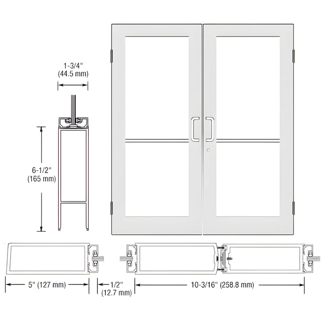 CRL-U.S. Aluminum White KYNAR® Paint Custom Size Pair Series 550 Wide Stile Butt Hinge Entrance Doors for Surface Mount Door Closers
