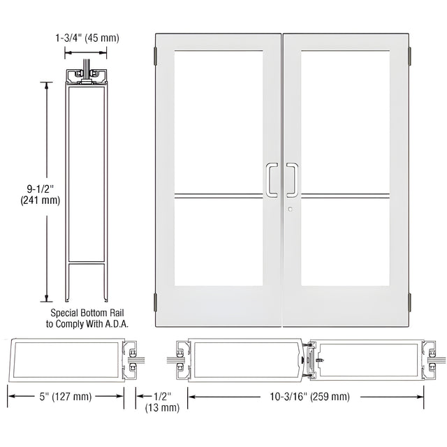 CRL-U.S. Aluminum White KYNAR® Paint Custom Size Pair Series 550 Wide Stile Butt Hinge Entrance Door for Surface Mount Door Closers