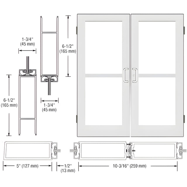 CRL-U.S. Aluminum White KYNAR® Paint Custom Size Pair Series 550 Wide Stile Butt Hinge Entrance Door For Panics and Overhead Concealed Door Closers
