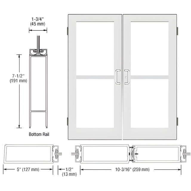 CRL-U.S. Aluminum White KYNAR® Paint Custom Size Pair Series 550 Wide Stile Butt Hinge Entrance Door With Panics for Surface Mount Door Closers
