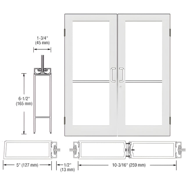 CRL-U.S. Aluminum White KYNAR® Paint Custom Size Pair Series 550 Wide Stile Butt Hinge Showroom Doors for Surface Mount Door Closers
