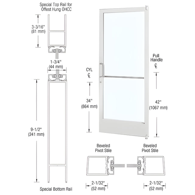 CRL-U.S. Aluminum White KYNAR® Paint Custom Size Single Series 250 Narrow Stile Offset Pivot Entrance Door for Overhead Concealed Door Closer