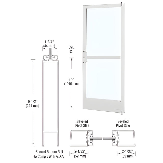CRL-U.S. Aluminum White KYNAR® Paint Custom Size Single Series 250 Narrow Stile Offset Pivot Entrance Door With Panic for Surface Mount Door Closer
