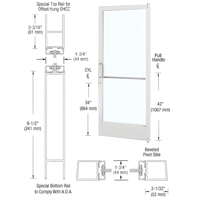 CRL-U.S. Aluminum White KYNAR® Paint Custom Size Single Series 250 Narrow Stile Offset Pivot Entrance Door for Overhead Concealed Door Closer