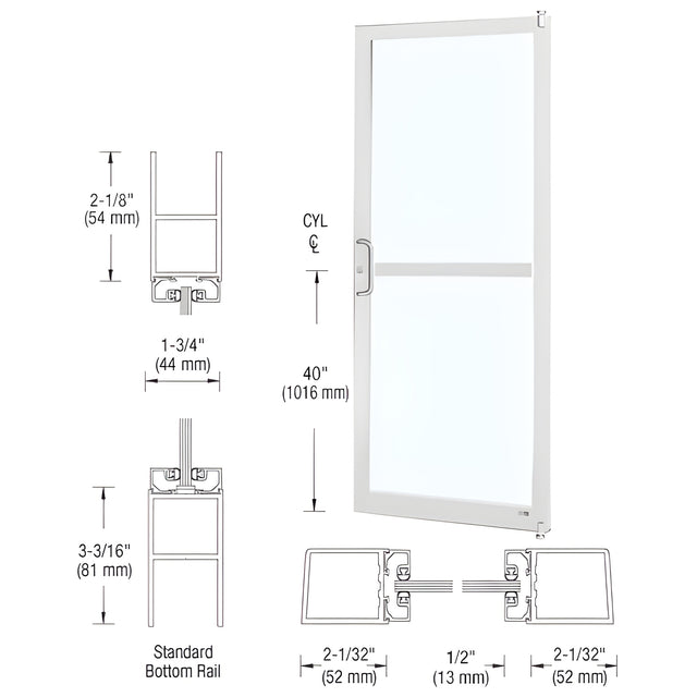 CRL-U.S. Aluminum White KYNAR® Paint Custom Size Single Series 250 Narrow Stile Offset Pivot Entrance Door With Rim Device, ADA Bottom Rail for Surface Mount Door Closer