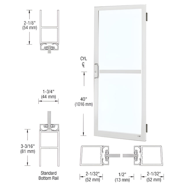 CRL-U.S. Aluminum White KYNAR® Paint Custom Size Single Series 250 Narrow Stile Butt Hinge Entrance Door With Panic for Surface Mount Door Closer