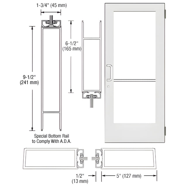 CRL-U.S. Aluminum White KYNAR® Paint Custom Size Single Series 550 Wide Stile Butt Hinge Entrance Door for Overhead Concealed Door Closer