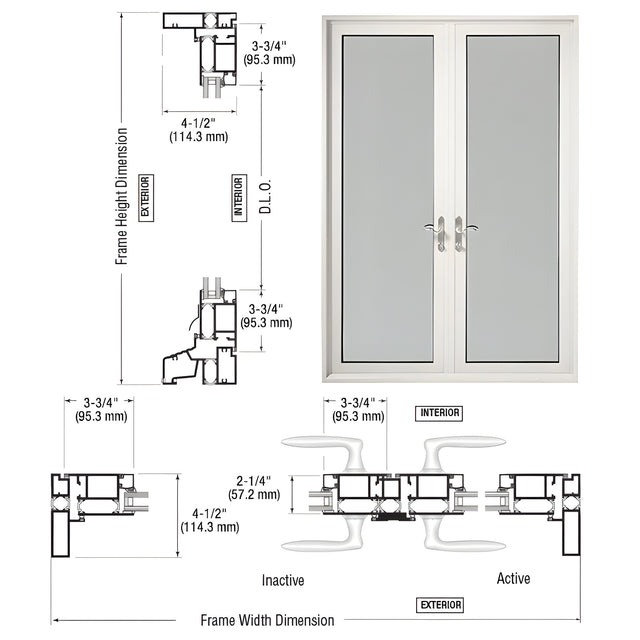 CRL-U.S. Aluminum White KYNAR® Paint Series 900 Terrace Doors With Up/Over Frame, 3-3/4" Bottom Rail, and Standard Threshold - Pair Swing In