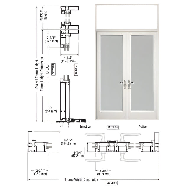 CRL-U.S. Aluminum White KYNAR® Paint Series 925 Transom Patio Door Pair Swing Out