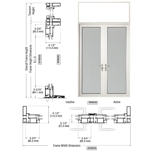 CRL-U.S. Aluminum White KYNAR® Paint Series 925 Transom Patio Door Pair Swing Out