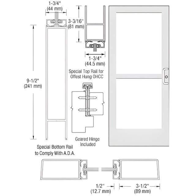 CRL-U.S. Aluminum White KYNAR® Paint Single 36" x 84" Series 400 Medium Stile Right Side Latch Geared Hinge Entrance Door With Panic for 105 Degree Overhead Concealed Door Closer