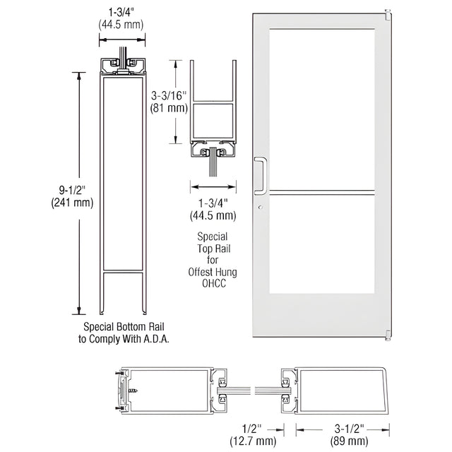 CRL-U.S. Aluminum White KYNAR® Paint Single Active Leaf of Pair 36" x 84" Series 400 Medium Stile Offset Pivot Entrance Door For Overhead Concealed Door Closer